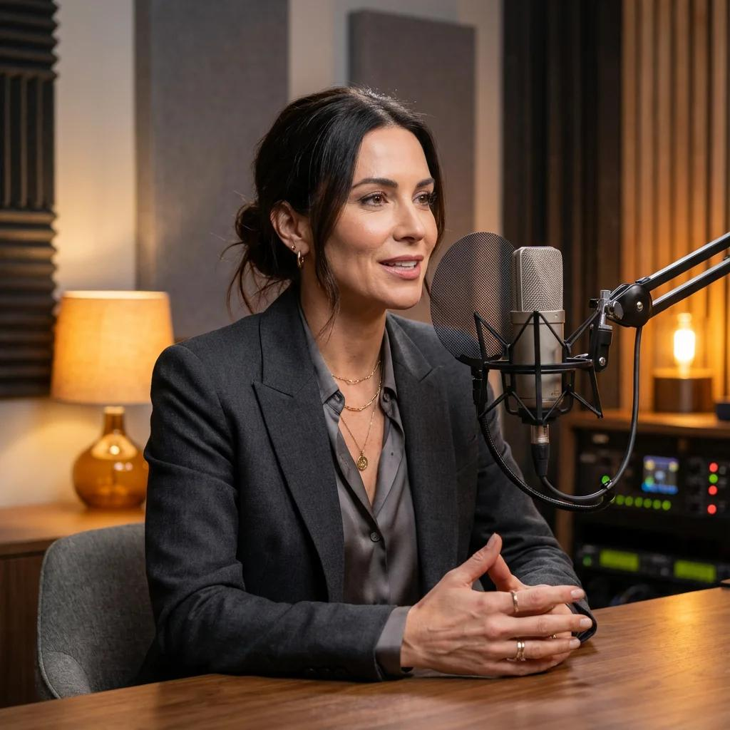 Podcaster speaking into a studio microphone