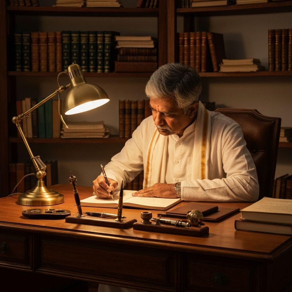 Author writing at a desk surrounded by books